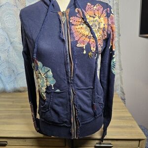 Miss Me Women's Embellished Hoodie – Boho Floral Zip-Up, Size L